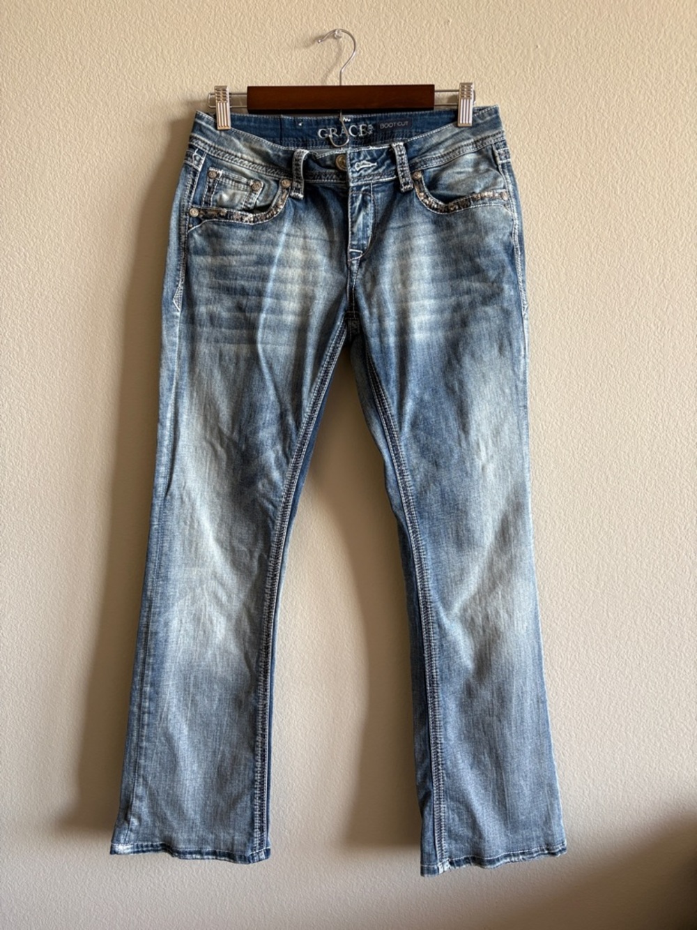 Grace in LA Boot Cut Jeans Blue Studded Embellishment Contrast Stitching Size 29